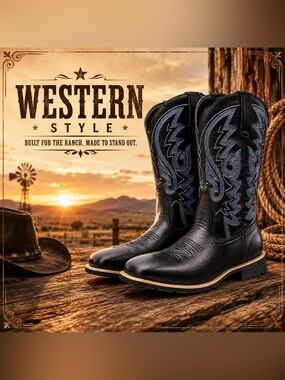 Black Western Cowboy Boots Blue Embroidered Stitching Square Toe Men’s Size 11
